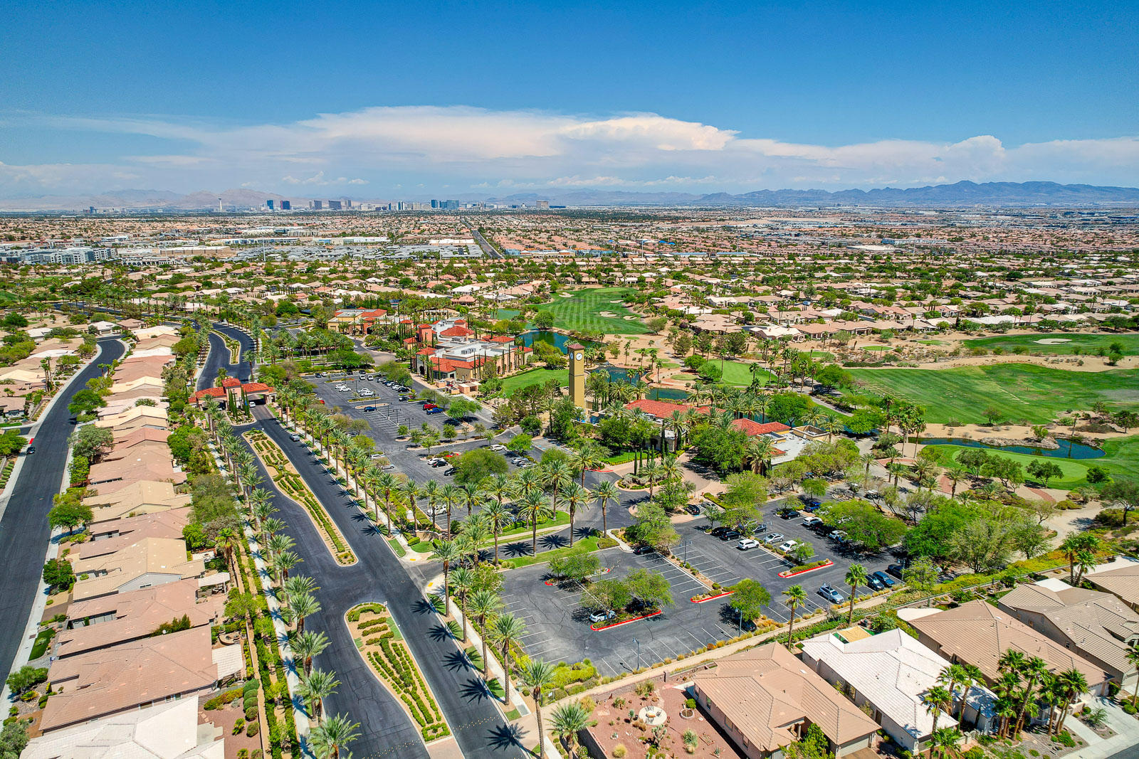 Aerial view of palm-lined streets leading to the Siena Community Center and golf course in Las Vegas, Nevada
