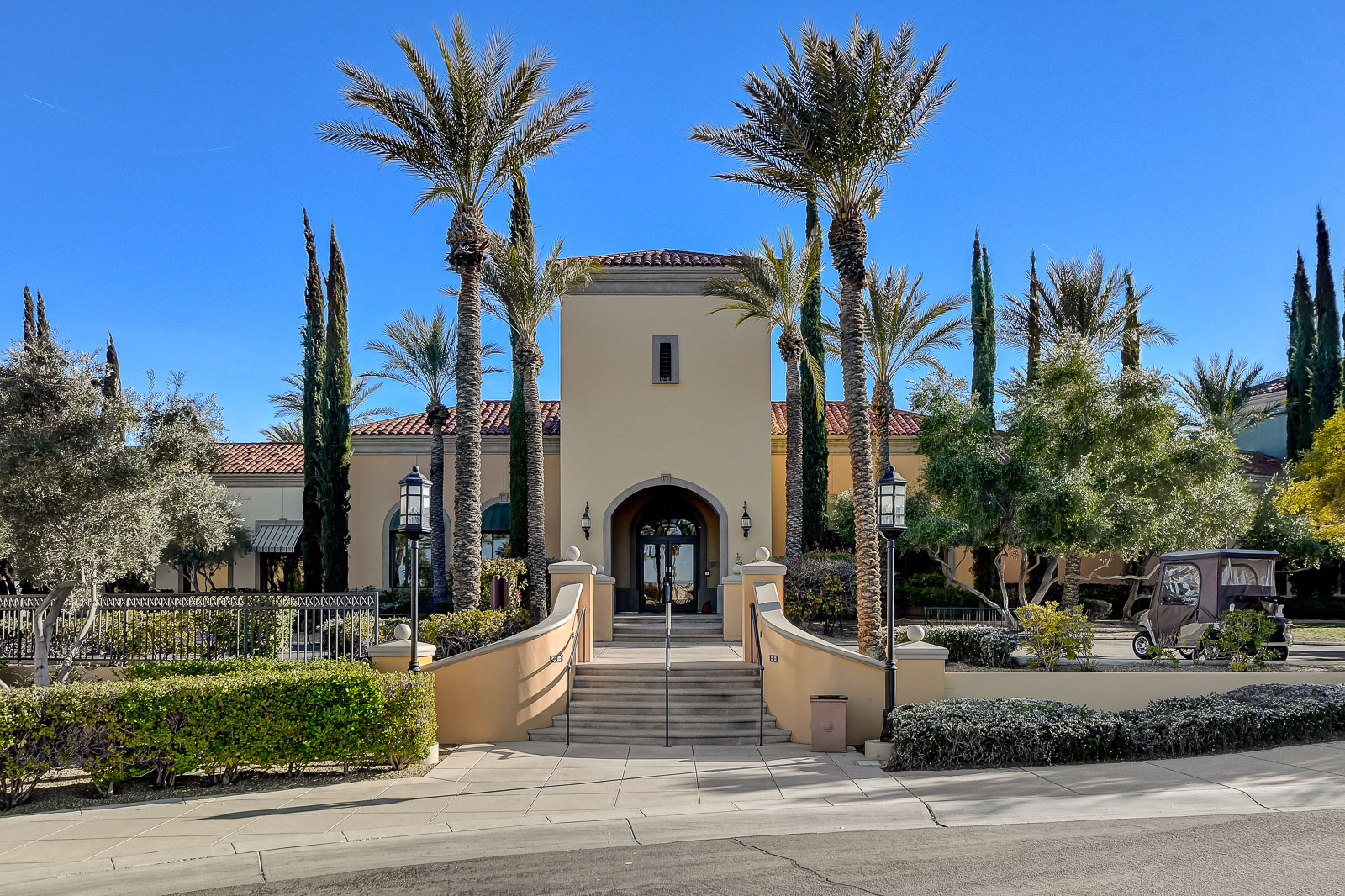 Siena Community Center building exterior with tower entrance and palm trees in Las Vegas, Nevada