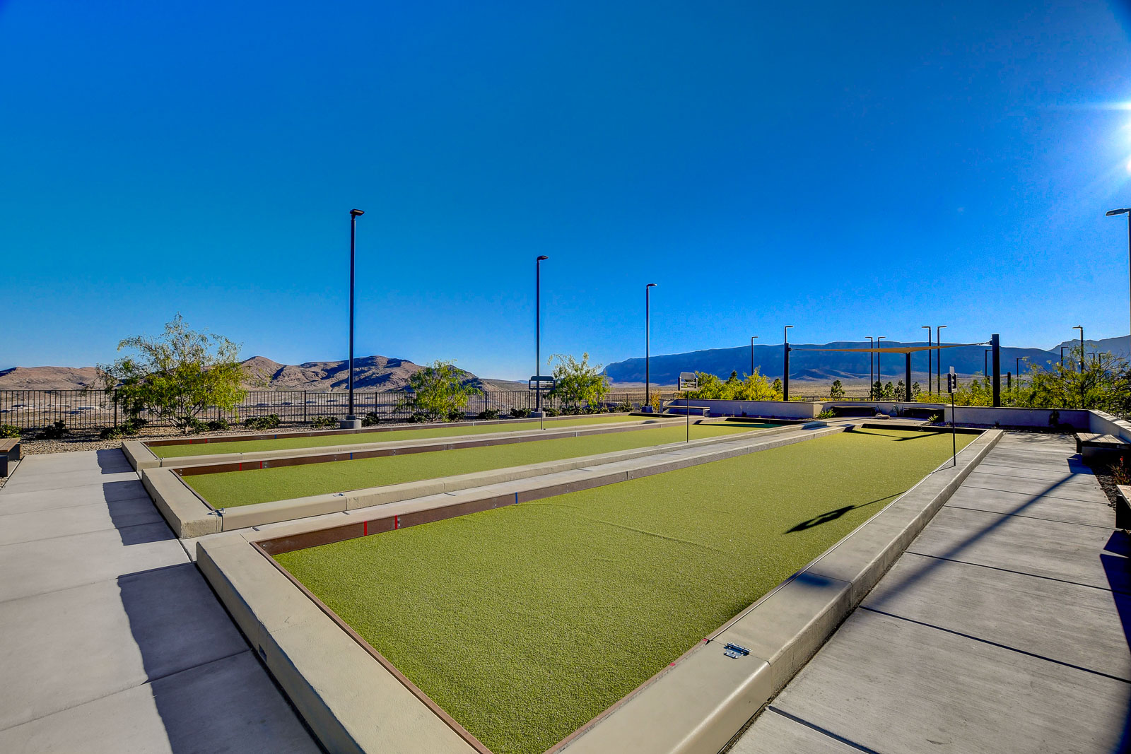 Bocce ball courts with desert and mountain views at the Heritage at Stonebridge clubhouse
