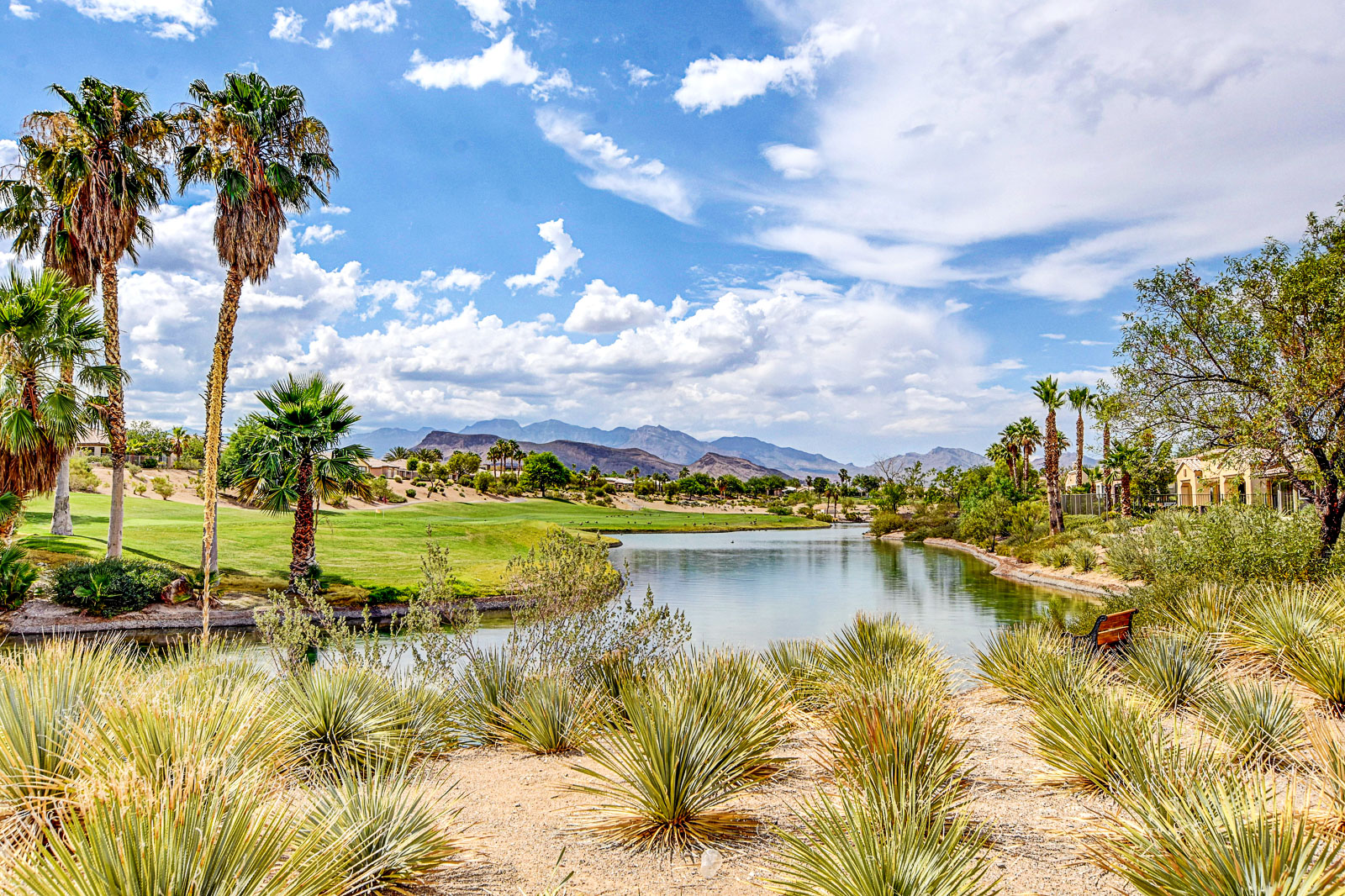 Lake along the Siena Golf Club course with desert landscaping and mountain views