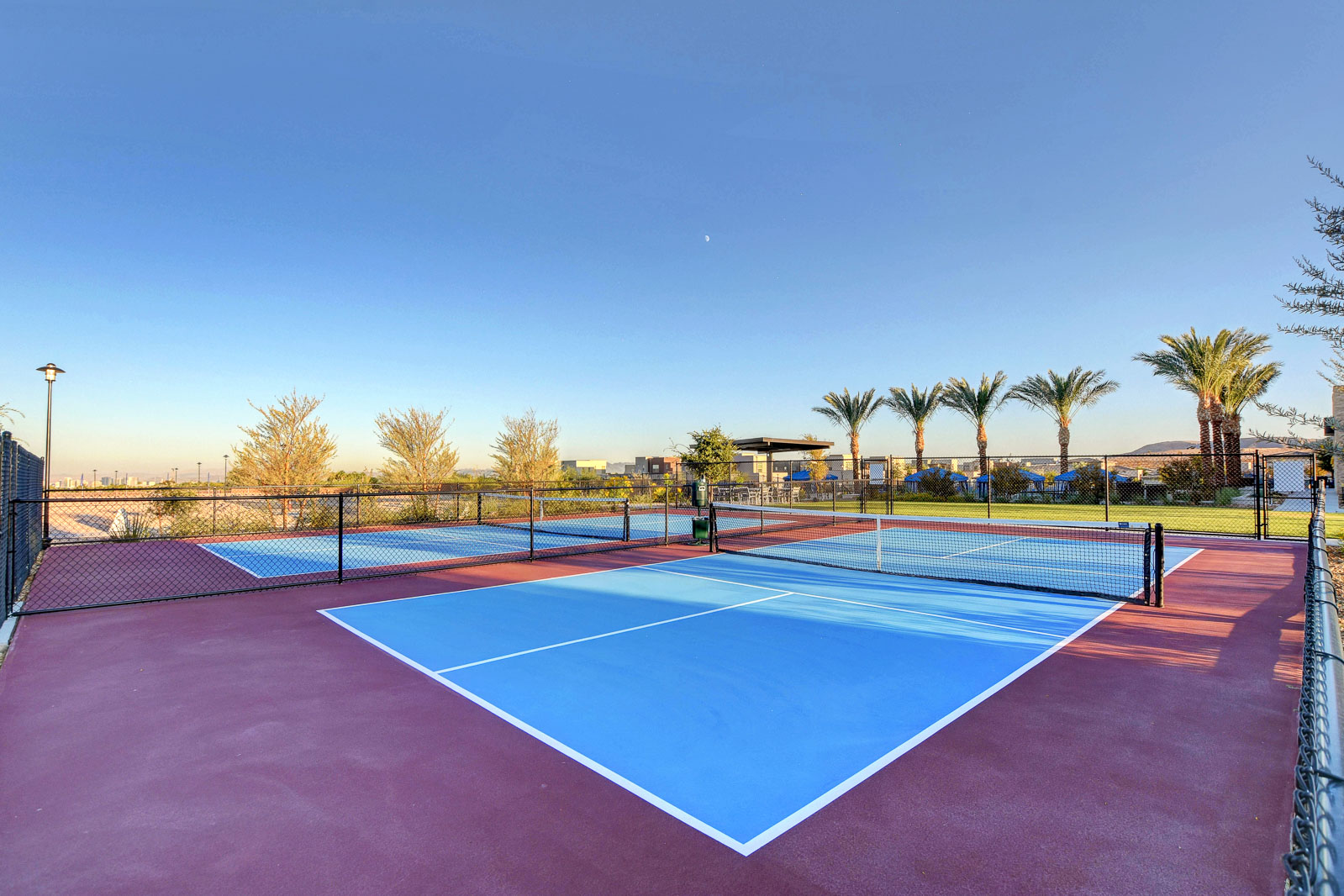 Pickleball courts at the Outlook Club with palm trees and mountain views at twilight