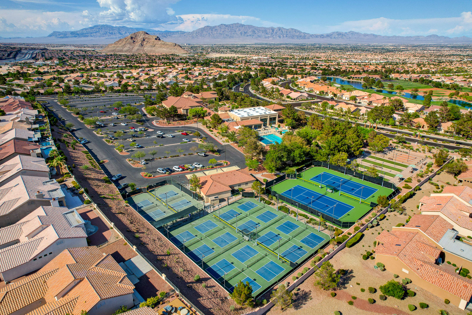 Aerial view of tennis and pickleball courts and pool at Sun City Summerlin in Las Vegas, Nevada