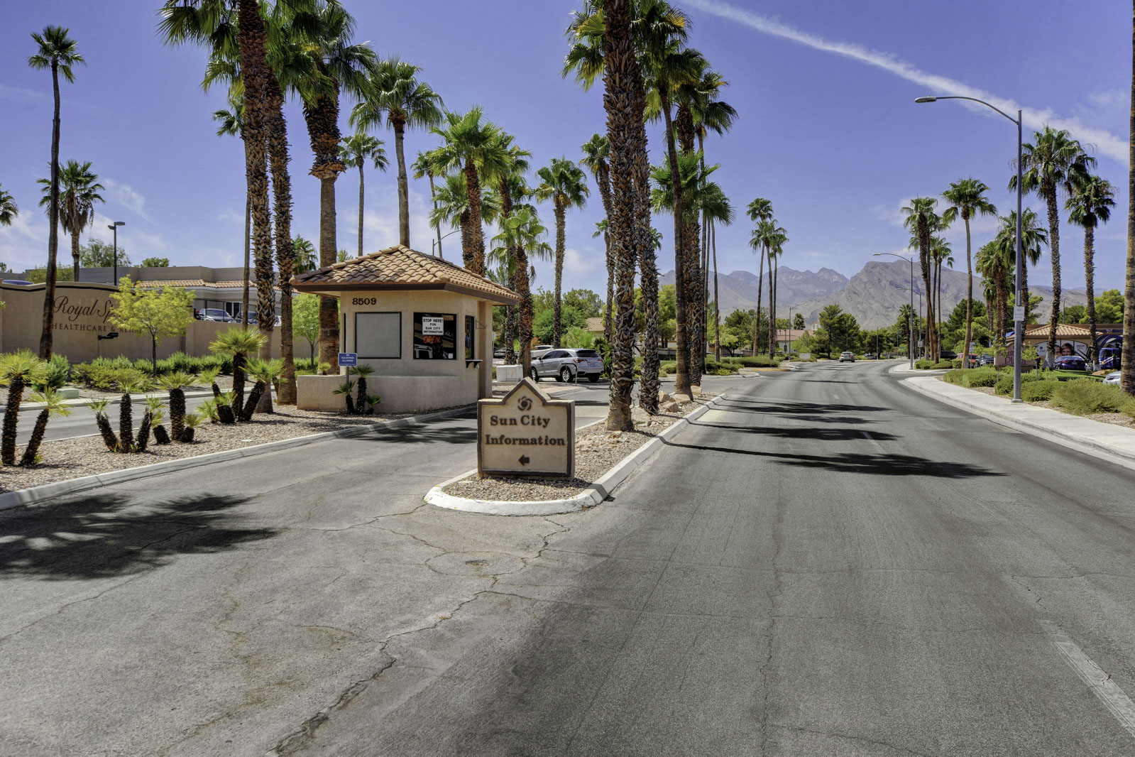 Sun City Summerlin security patrol kiosk at a community entrance road in Las Vegas, Nevada